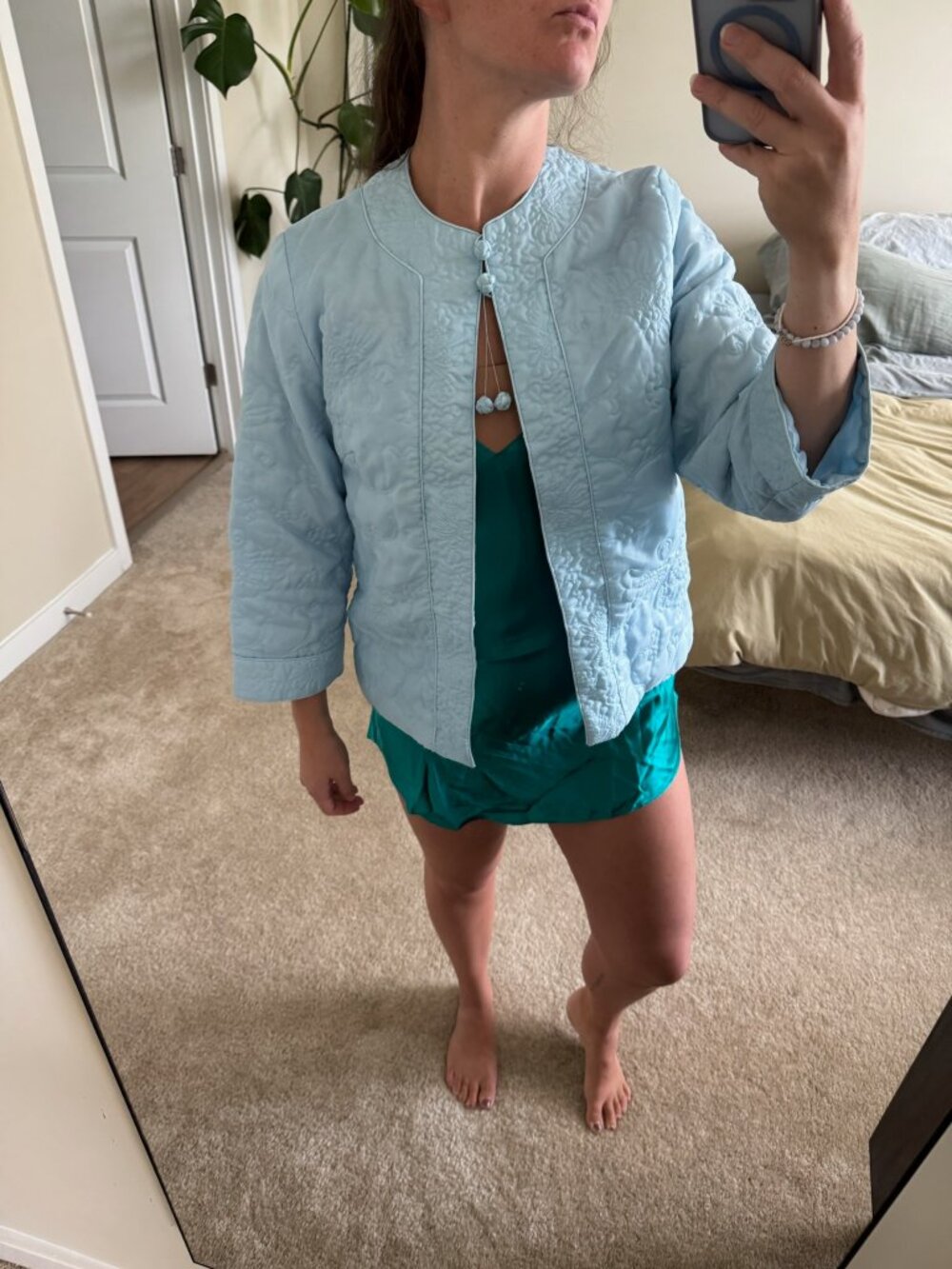 Vintage Baby Blue Quilted Satin Night House Coat Size Medium